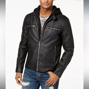 Men's Faux-Leather Detachable-Hood Motorcycle Jacket